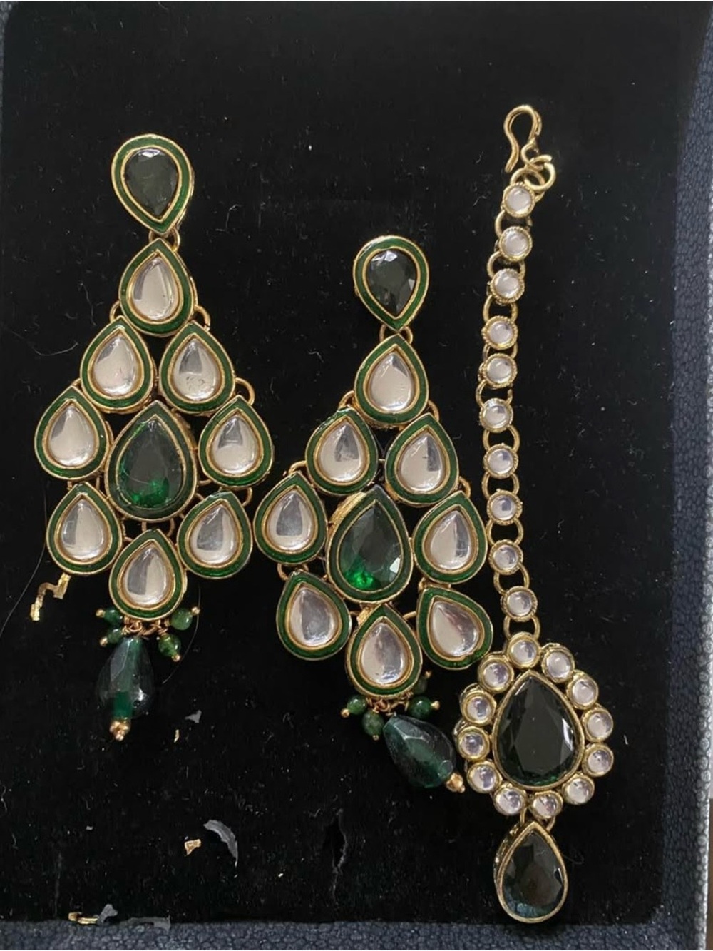 Traditional Green and White Kundan Earrings with Maang Tikka - Women Jewelry